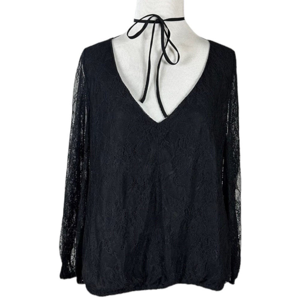 Alice + Olivia Black Lace Top Balloon Sleeve Neck Tie Small Witchy Stevie Nicks